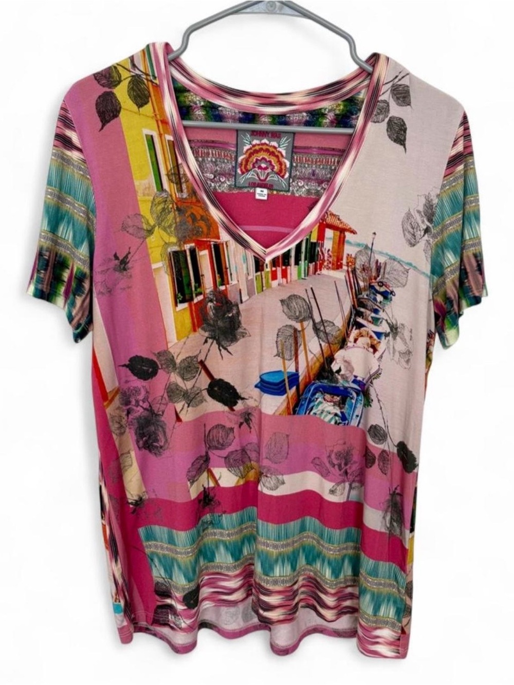 Johnny Was Romantic Bamboo V Neck Short Sleeve Graphic Tee Colorful Eclectic Art